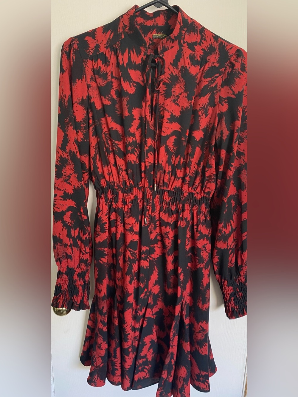 Express Red Black Abstract Fireburst Mock Neck Smocked Waist Flare Dress